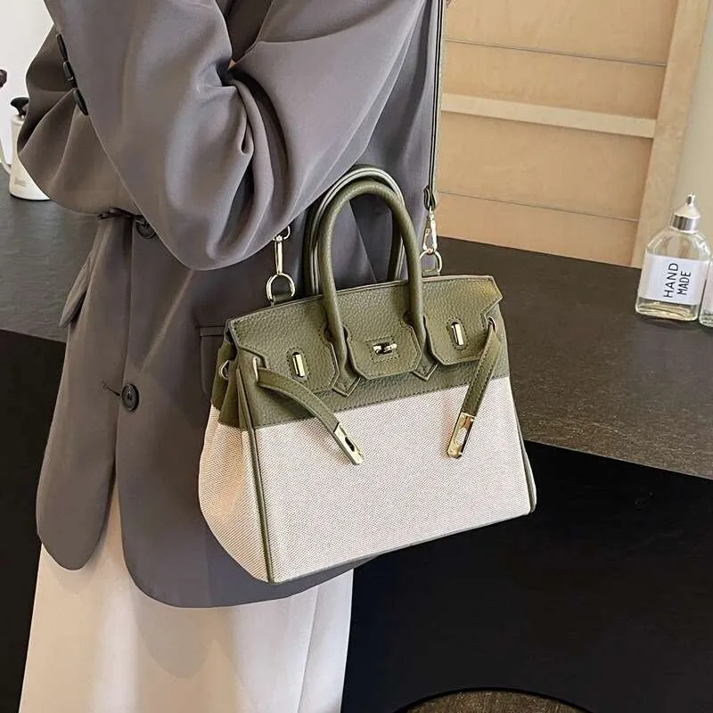 Women’s Premium Lychee Pattern Shoulder & Crossbody Tote Bag – Color Contrast Fabric, Large Capacity, Classic Commuting Handbag - Image 6