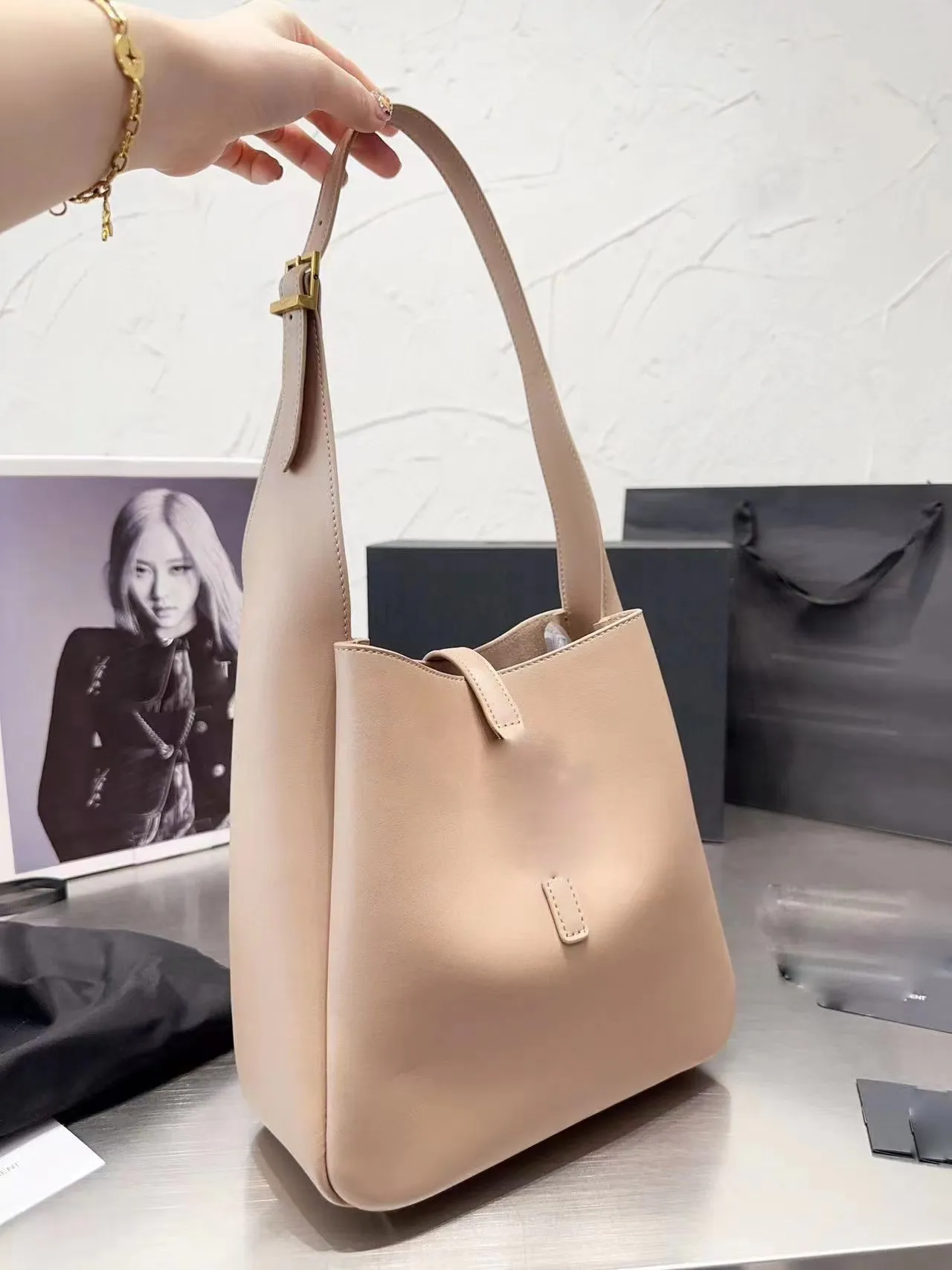 Designer Open Wandering Leather Underarm Bag – Women’s Bucket Style with Gold Hardware - Image 6