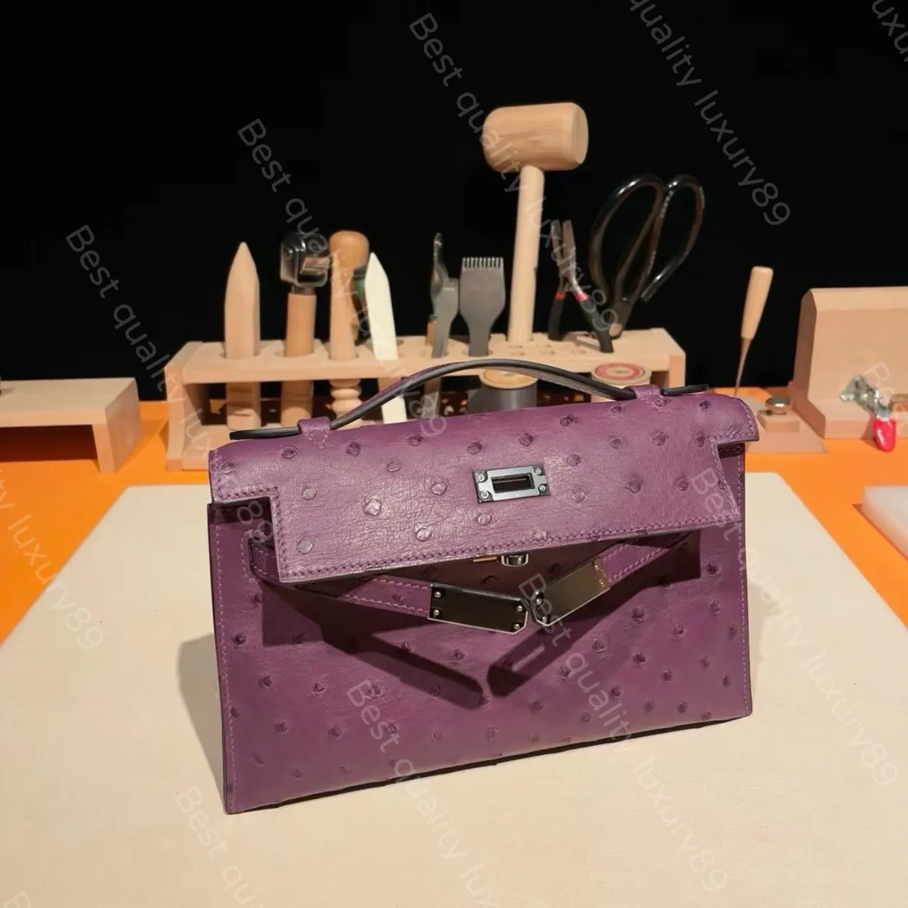 Luxury Handmade Designer Clutch – 22CM South African Ostrich Leather Pochette with 24K Gold & Platinum Hardware - Image 3