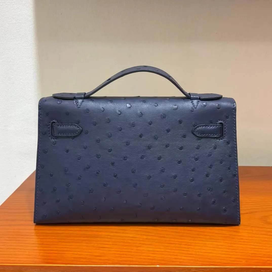 Luxury Handmade Designer Clutch – 22CM South African Ostrich Leather Pochette with 24K Gold & Platinum Hardware