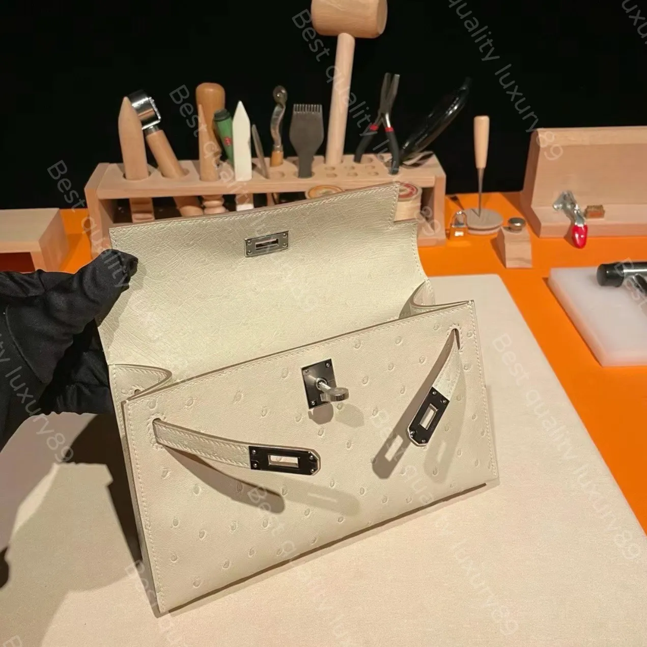 Luxury Handmade Designer Clutch – 22CM South African Ostrich Leather Pochette with 24K Gold & Platinum Hardware - Image 5