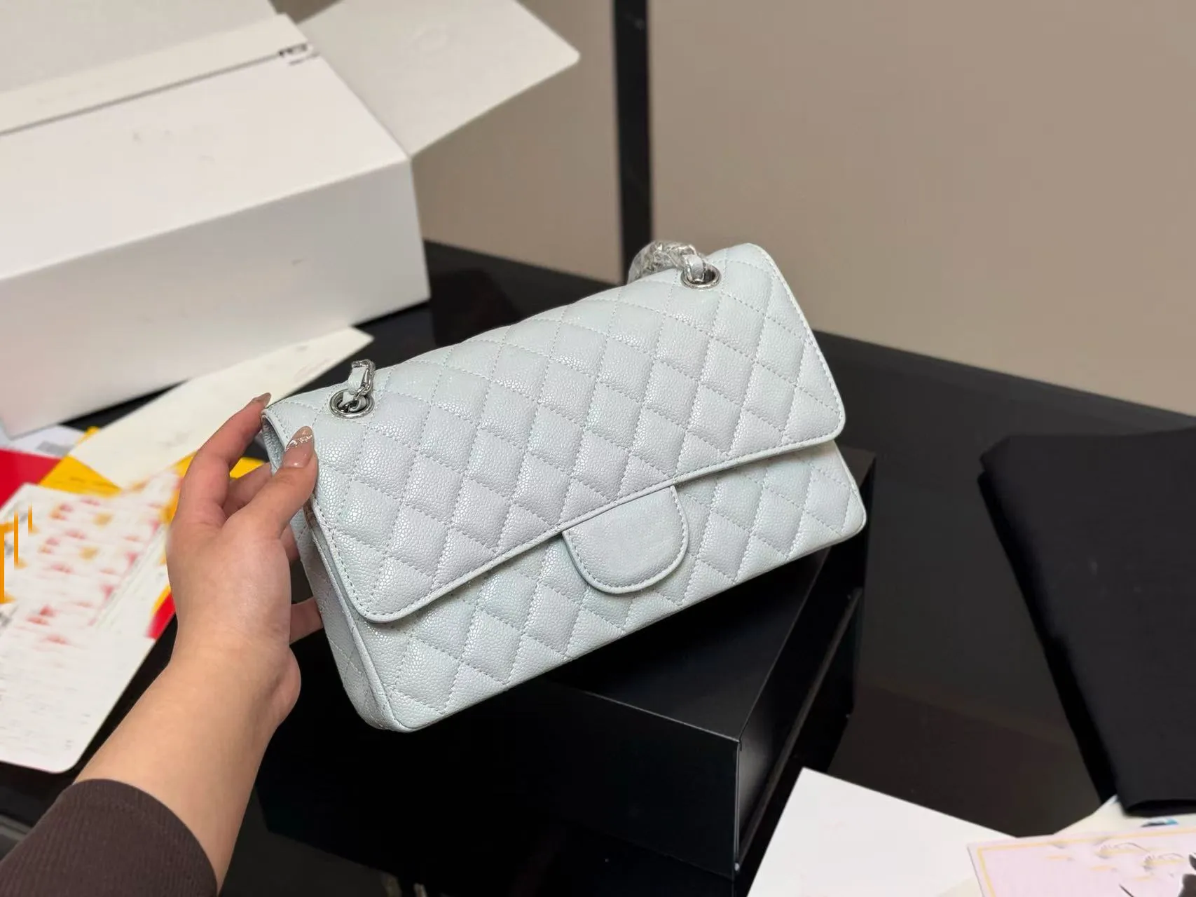 10A Luxury Double Flap Quilted Designer Bag – 25CM Caviar Lambskin Real Leather Classic Handbag - Image 5