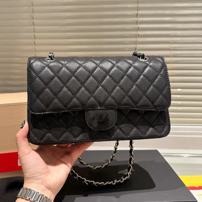 10A Luxury Double Flap Quilted Designer Bag – 25CM Caviar Lambskin Real Leather Classic Handbag - Image 23