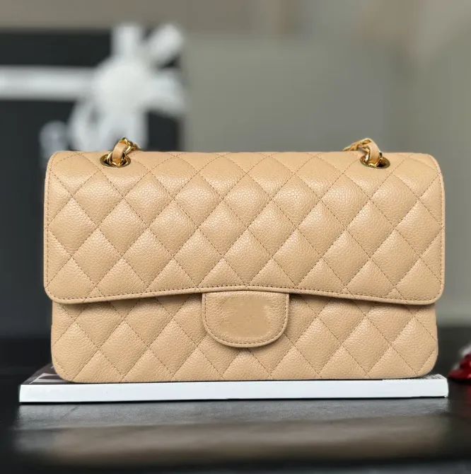 10A Luxury Double Flap Quilted Designer Bag – 25CM Caviar Lambskin Real Leather Classic Handbag - Image 8