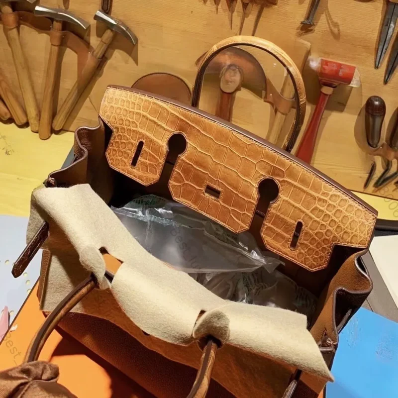 Bi-Leather Luxury Handmade Designer Handbag – French Alligator & Togo Leather with 24K Gold (25cm / 30cm)