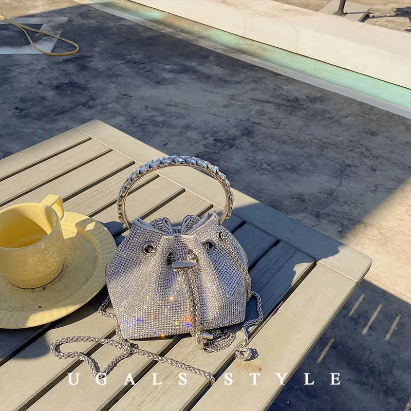 Luxury Crystal Bucket Clutch – Shiny Diamond Evening Bag with Chain & Metal Ring Handle for Weddings & Parties - Image 3