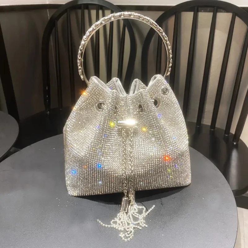 Luxury Crystal Bucket Clutch – Shiny Diamond Evening Bag with Chain & Metal Ring Handle for Weddings & Parties - Image 6