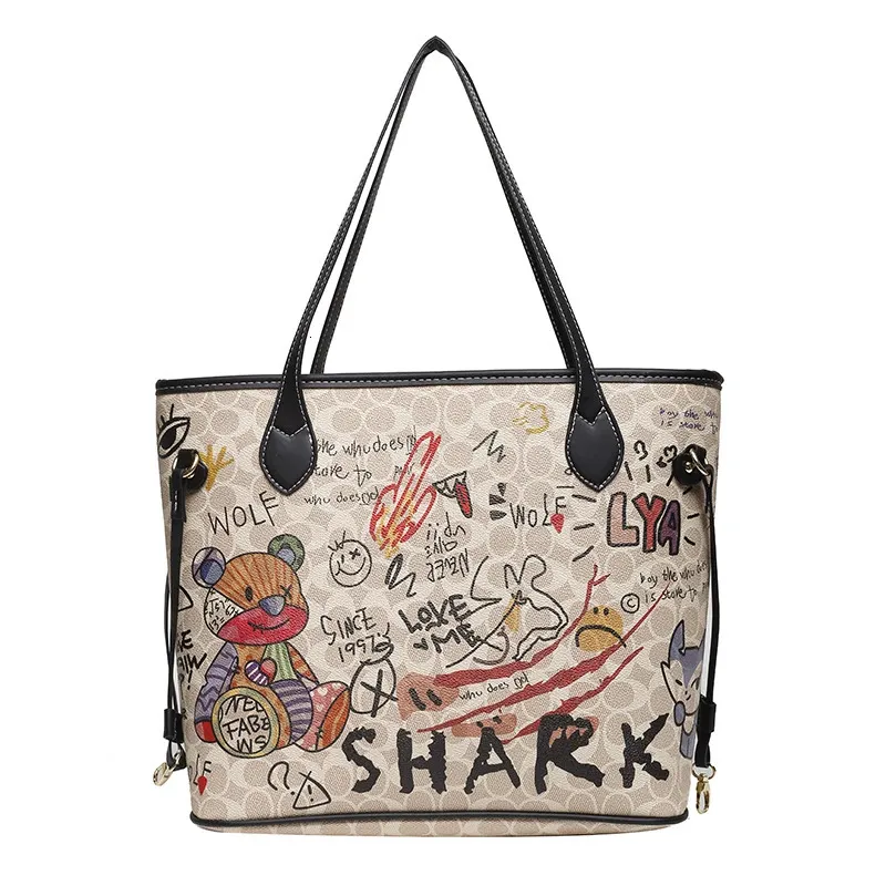 Luxury Graffiti Bucket Bag – Women’s Designer Tote with Bear Charm & Large Capacity Hand Bag - Image 8