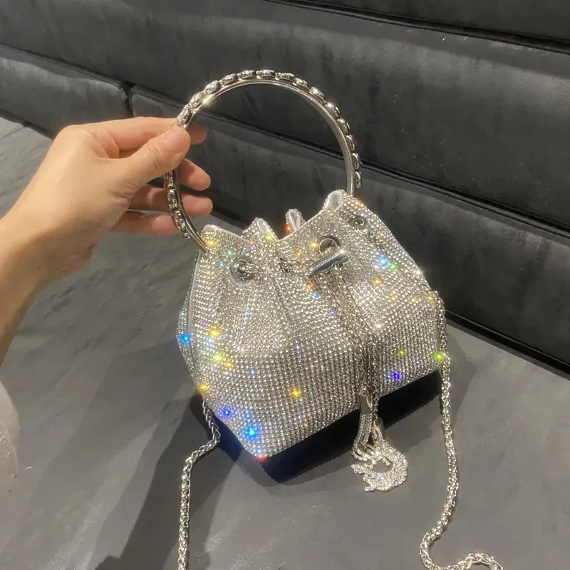Luxury Crystal Bucket Clutch – Shiny Diamond Evening Bag with Chain & Metal Ring Handle for Weddings & Parties - Image 8