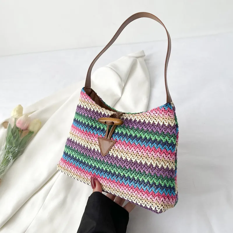 Boho Rainbow Straw Shoulder Bag – Summer Braided Underarm Tote in Bohemian Style