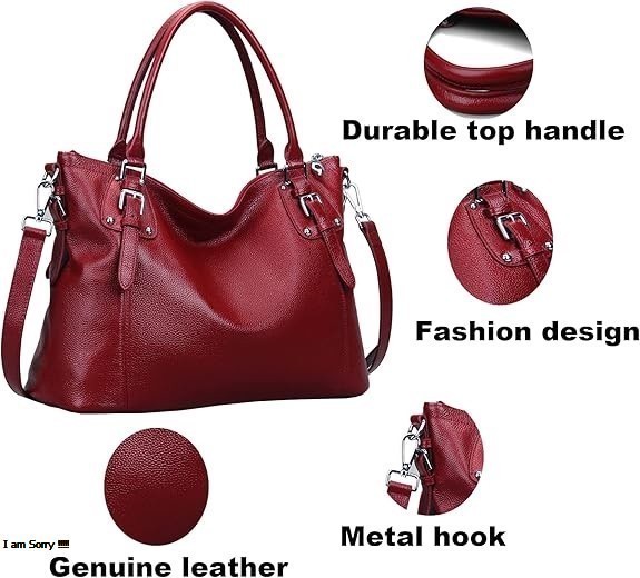 HESHE Genuine Leather Tote Satchel – Women's Shoulder Handbag & Top Handle Crossbody Purse - Image 4