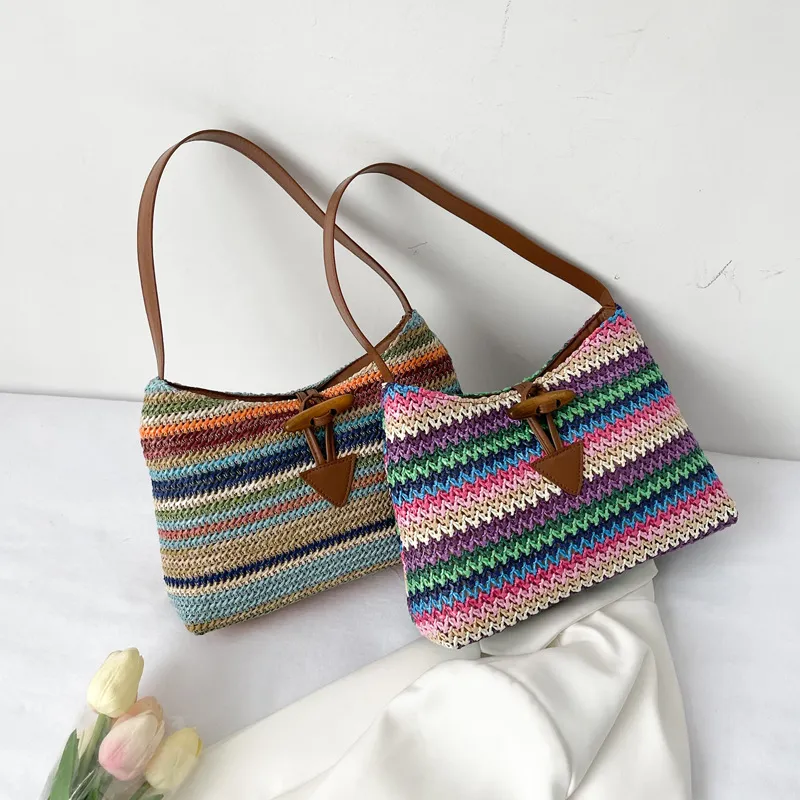 Boho Rainbow Straw Shoulder Bag – Summer Braided Underarm Tote in Bohemian Style - Image 3
