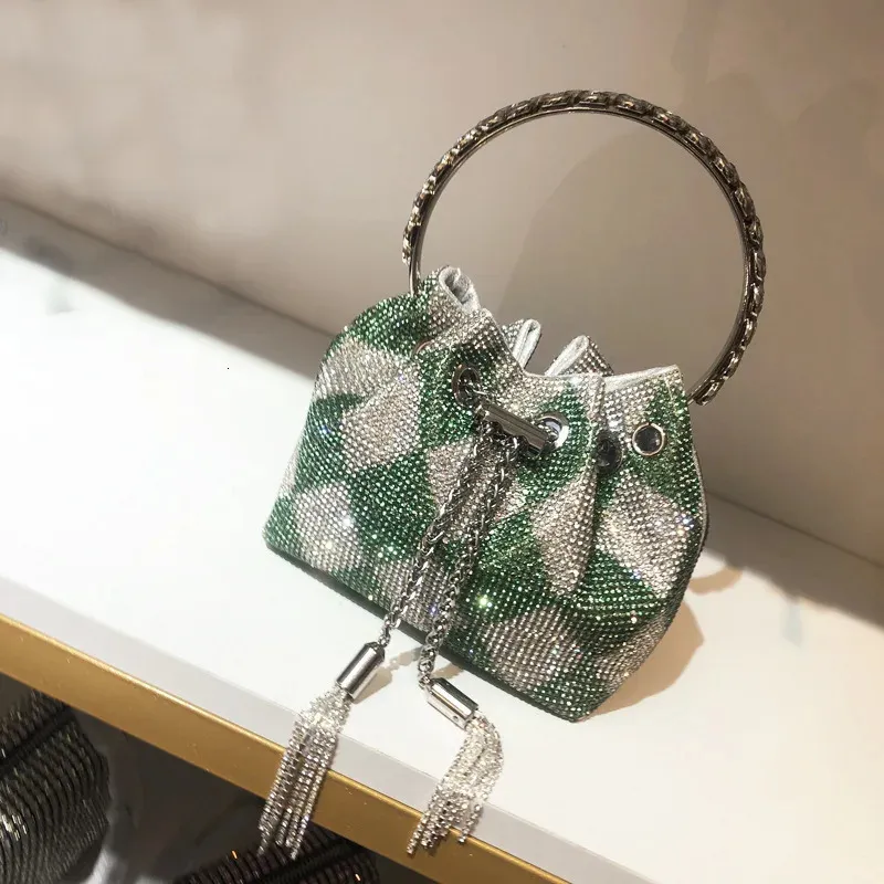 Luxury Crystal Bucket Clutch – Shiny Diamond Evening Bag with Chain & Metal Ring Handle for Weddings & Parties - Image 11