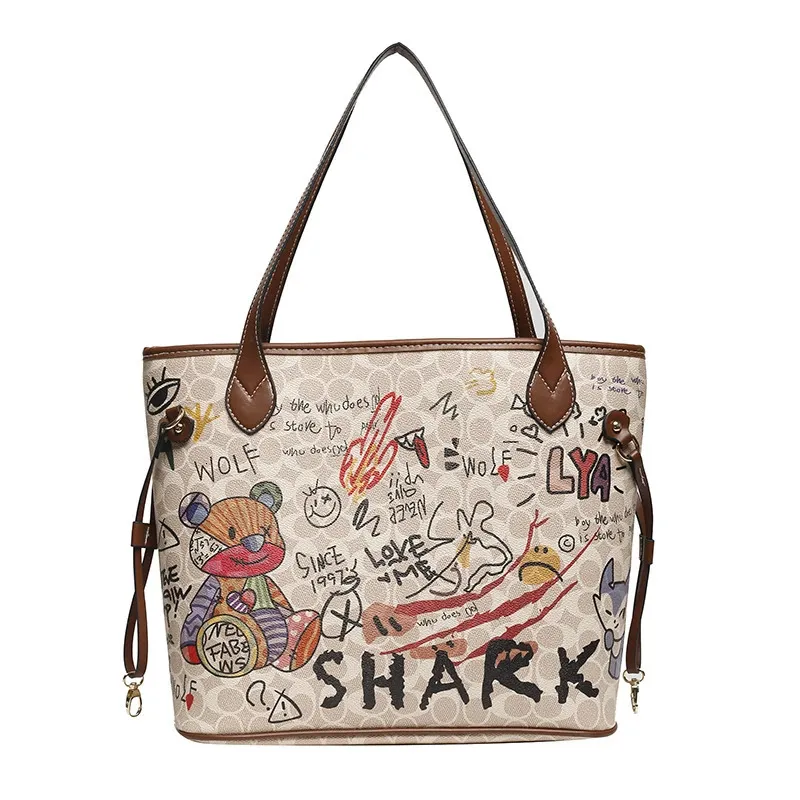 Luxury Graffiti Bucket Bag – Women’s Designer Tote with Bear Charm & Large Capacity Hand Bag - Image 9