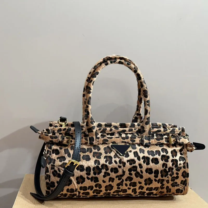 Leopard Print Horsehair Leather Shoulder Bag – Brown Casual Crossbody Designer Handbag for Women