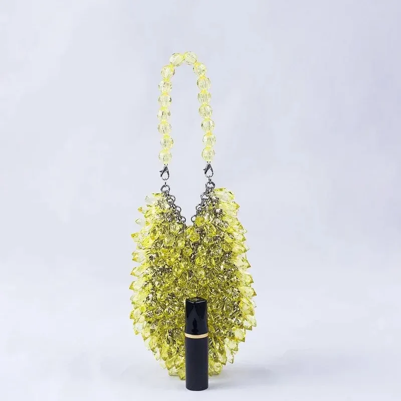 Handwoven Acrylic Crystal Beaded Bucket Bag – Colorful Summer Party Clutch in Green, Blue & Yellow