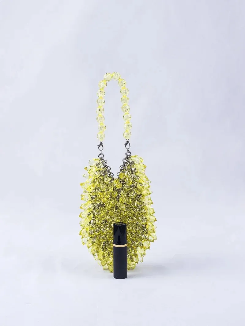 Handwoven Acrylic Crystal Beaded Bucket Bag – Colorful Summer Party Clutch in Green, Blue & Yellow