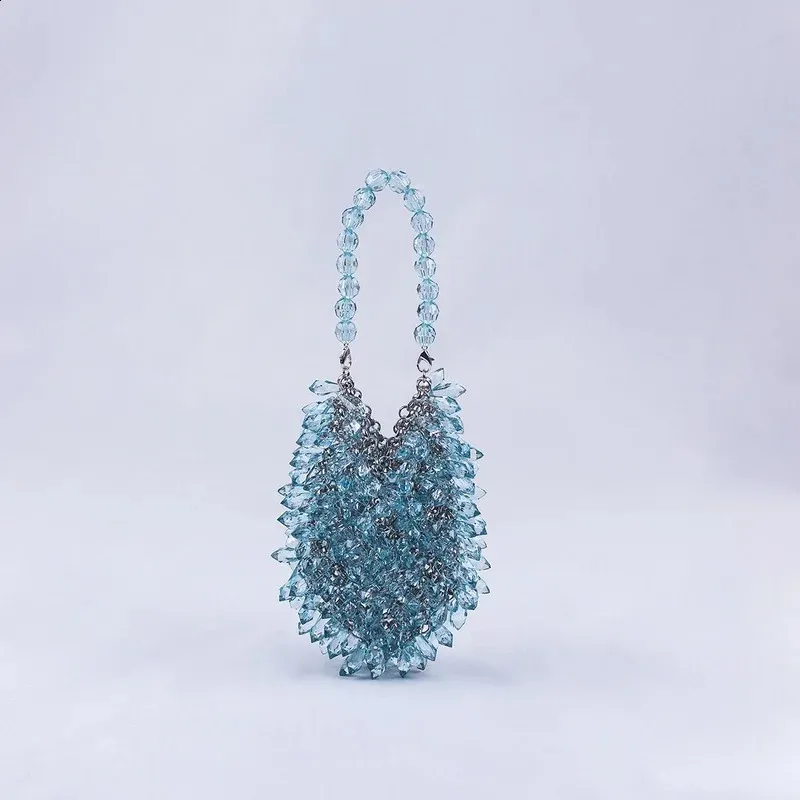 Handwoven Acrylic Crystal Beaded Bucket Bag – Colorful Summer Party Clutch in Green, Blue & Yellow - Image 2