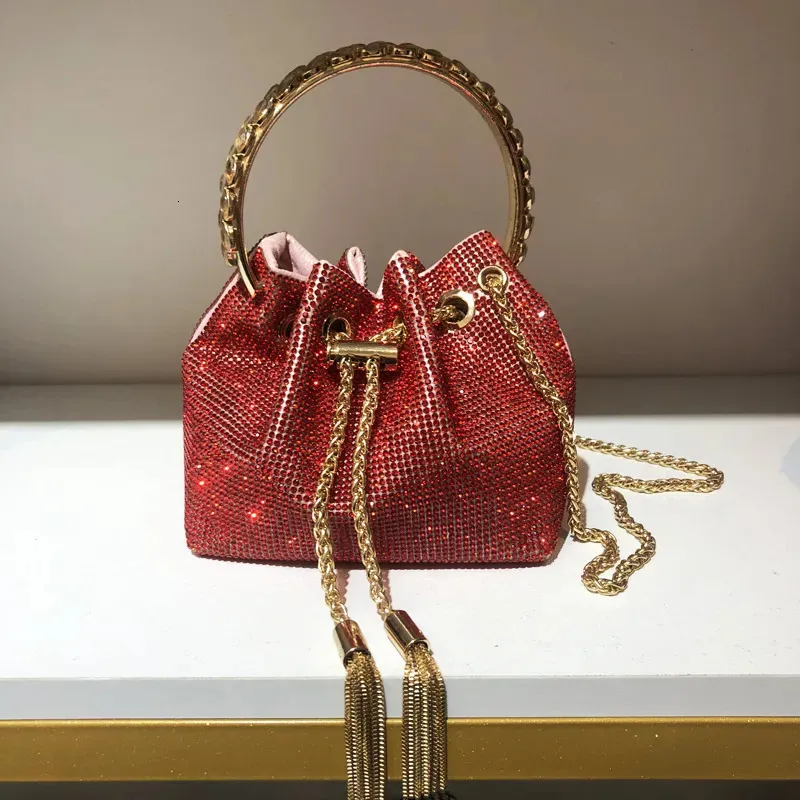 Luxury Crystal Bucket Clutch – Shiny Diamond Evening Bag with Chain & Metal Ring Handle for Weddings & Parties - Image 9